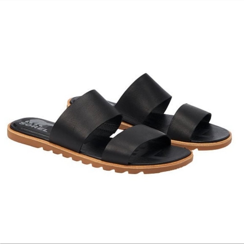 Sorel Ella II Sandals Slip On Black Leather Womens Size 7.5